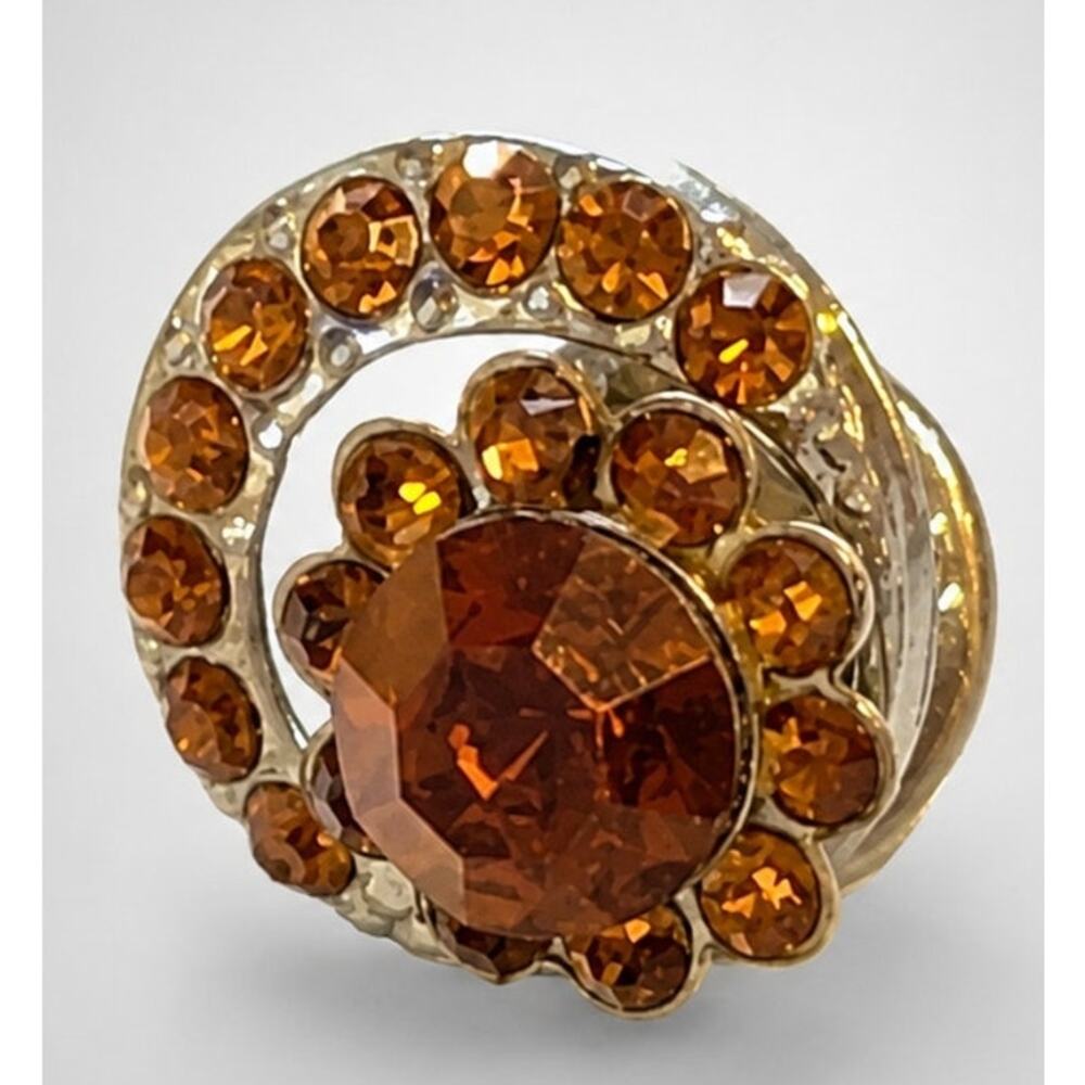 Vintage Orange Rhinestone Lapel Pin Back .75" Glass Flower Unisex Small so-38 - Picture 2 of 6